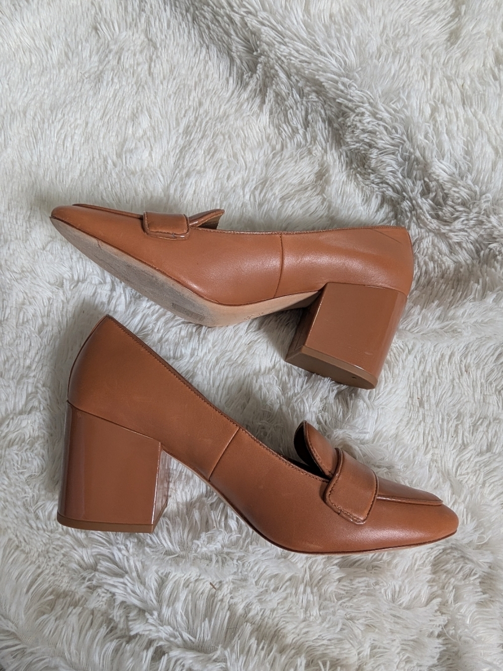 Tory Burch Tan Leather Loafer Chunky Square Heel Pumps Size 10 - Picture 3 of 7